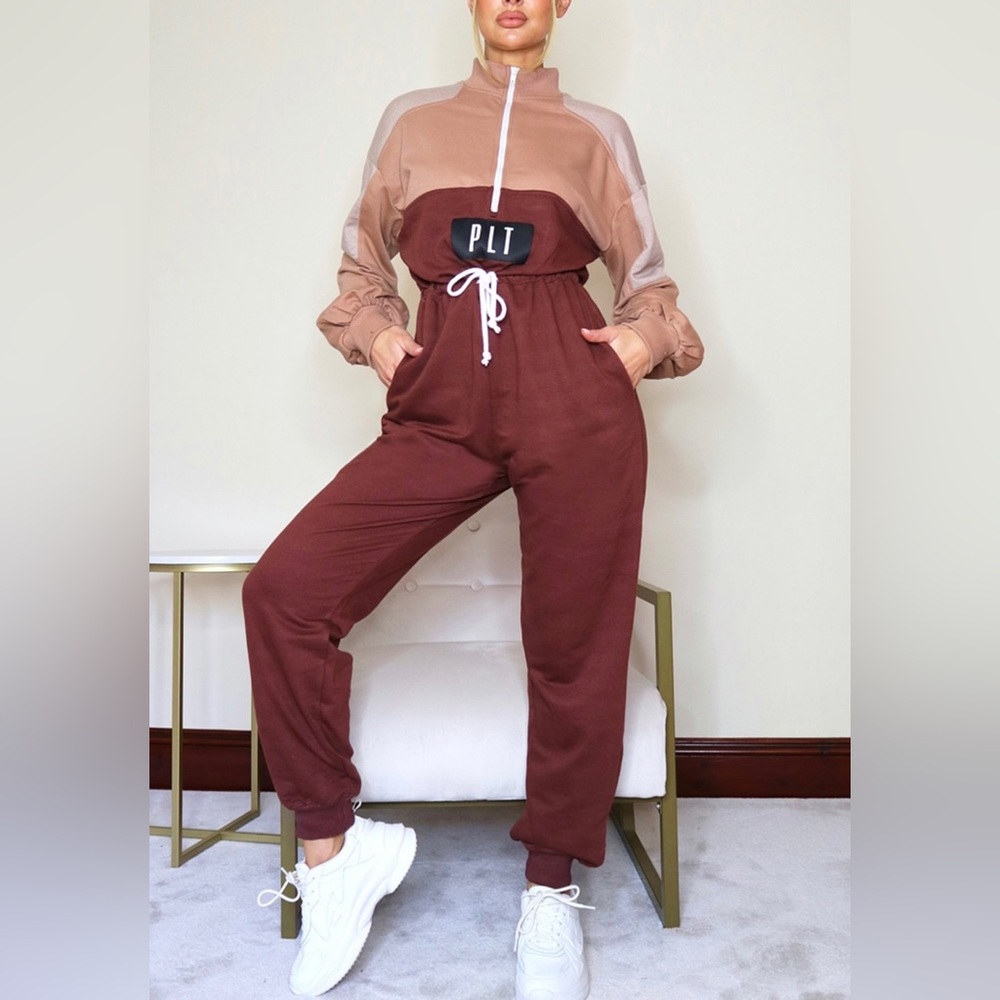 Chocolate Color Block Zip Sweat Jumpsuit